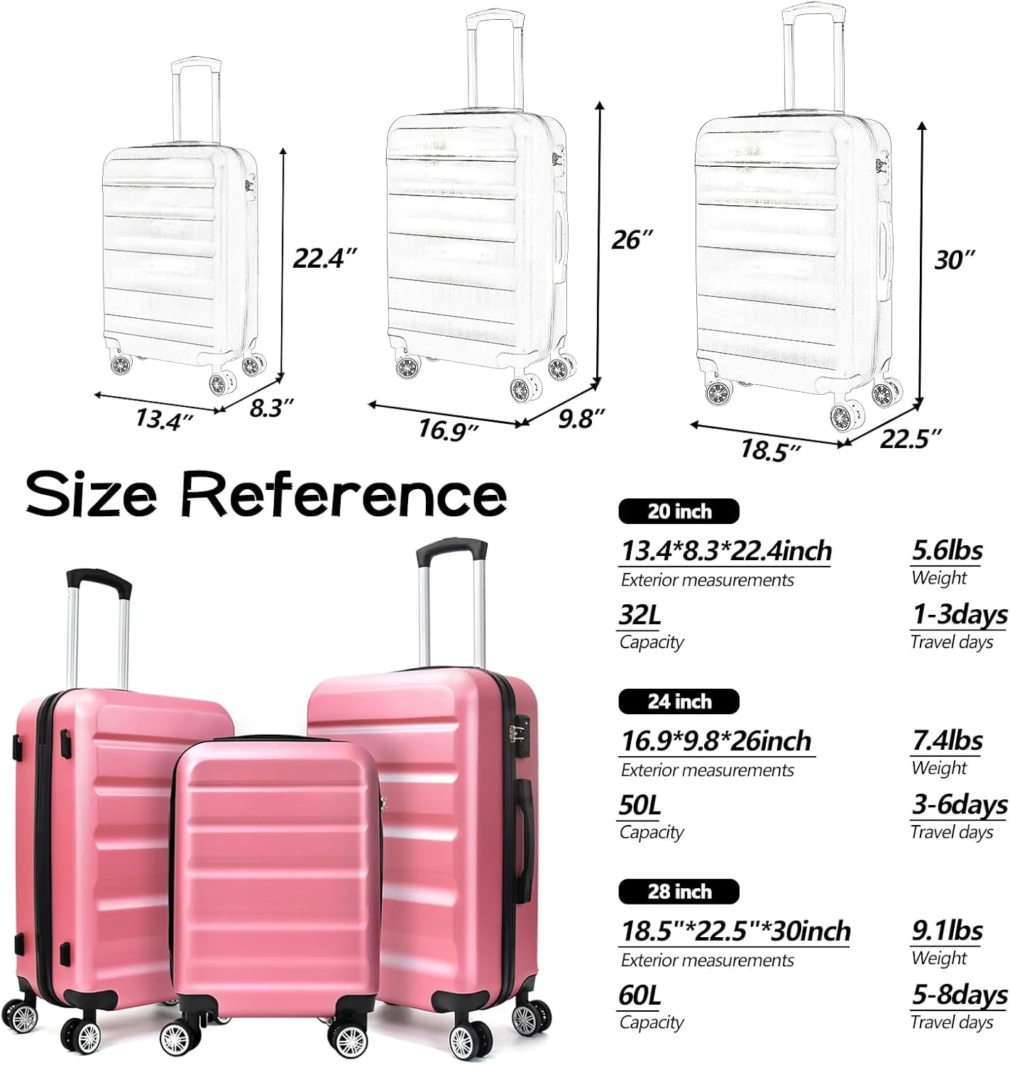 HOUAGI 3 Piece Luggage Sets,Hardshell 3pcs Suitcase Sets,Hardshell Luggage Sets with Spinner Wheels,Lightweight Travel Checked Luggage Sets,20in/24in/28in,Pink