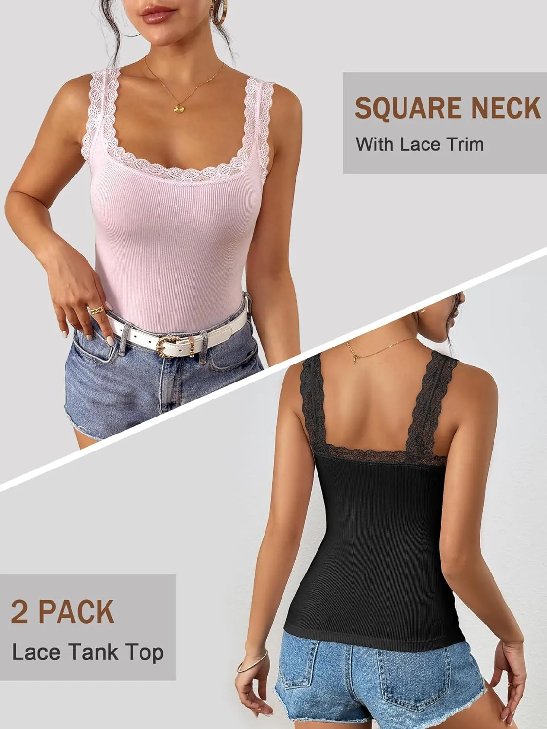 Ibeauti 2 Pack Lace Camisole Tank Tops for Women Sleeveless Summer Going Out Tops Ribbed Cami Undershirts