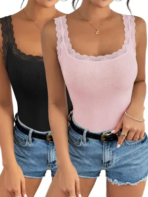 Ibeauti 2 Pack Lace Camisole Tank Tops for Women Sleeveless Summer Going Out Tops Ribbed Cami Undershirts