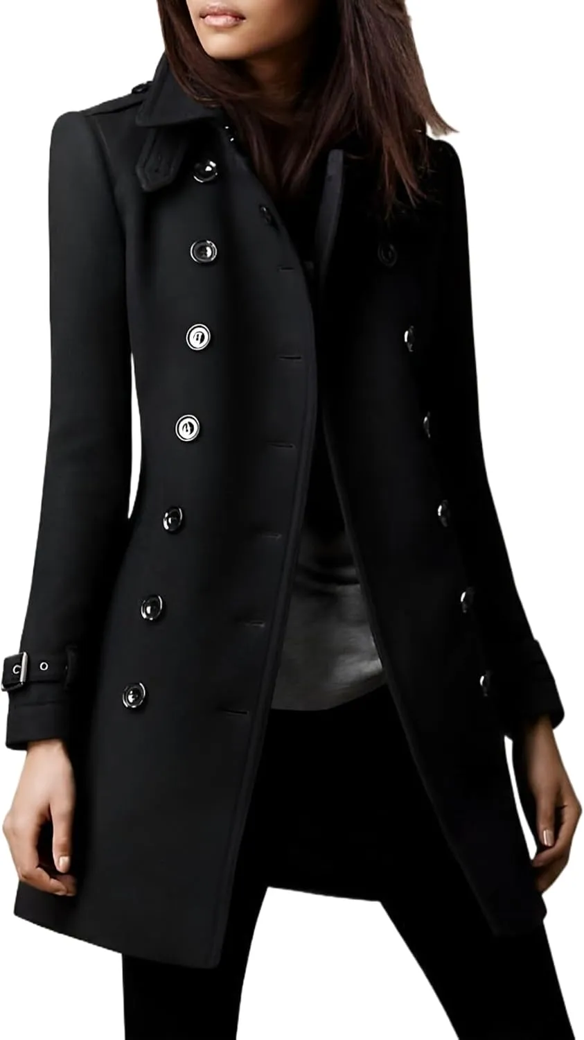 IDEALSANXUN Double Breasted Wool Coats for Women Trendy Fall Winter Mid Pea Trench Coat Blazer Jackets Overcoat