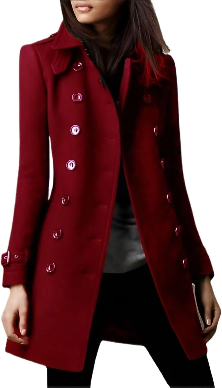 IDEALSANXUN Double Breasted Wool Coats for Women Trendy Fall Winter Mid Pea Trench Coat Blazer Jackets Overcoat