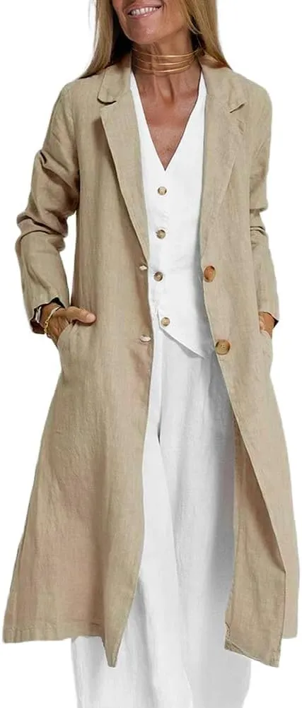 IDEALSANXUN Womens Long Linen Blazer Jackets Casual Lightweight Trench Coat