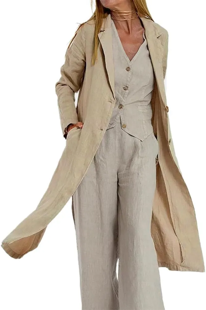 IDEALSANXUN Womens Long Linen Blazer Jackets Casual Lightweight Trench Coat