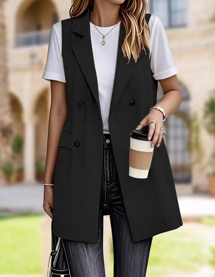 IDEALSANXUN Womens Long Linen Vest Dressy Sleeveless Blazer Jackets Outerwear Tops