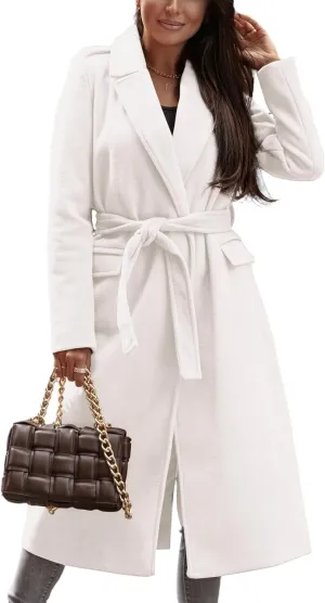 IDEALSANXUN Womens Long Wool Coats Fall Winter Open Front Trench Coat Peacoat with Self Belt