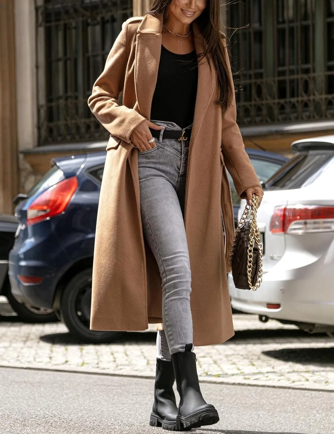 IDEALSANXUN Womens Long Wool Coats Fall Winter Open Front Trench Coat Peacoat with Self Belt