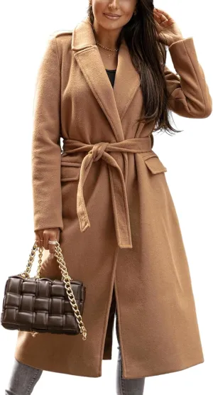 IDEALSANXUN Womens Long Wool Coats Fall Winter Open Front Trench Coat Peacoat with Self Belt