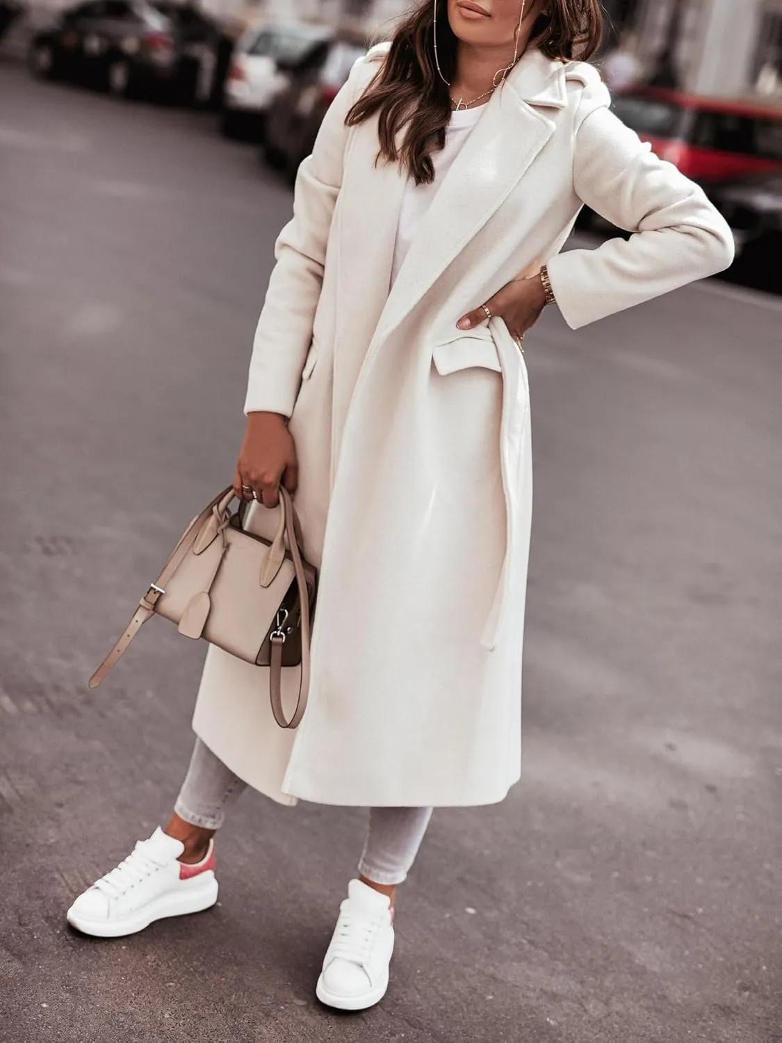 IDEALSANXUN Womens Long Wool Coats Fall Winter Open Front Trench Coat Peacoat with Self Belt