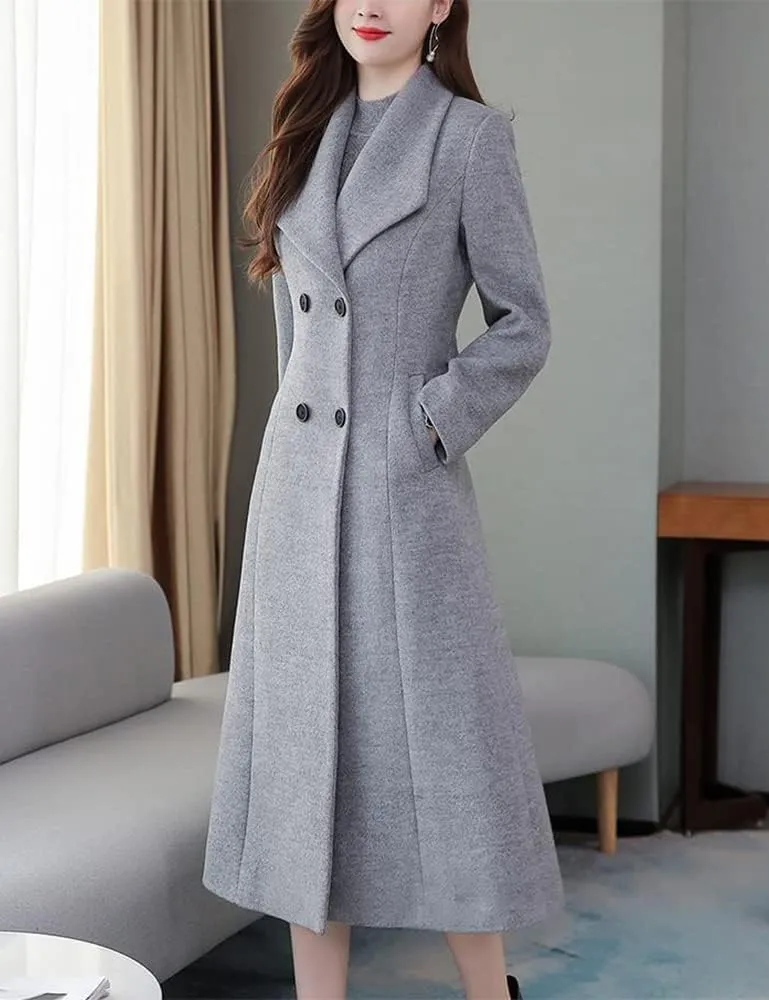 IDEALSANXUN Womens Shawl Collar Long Wool Coats Fall Winter Double Breasted Trench Coat