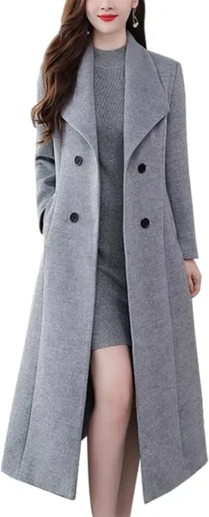 IDEALSANXUN Womens Shawl Collar Long Wool Coats Fall Winter Double Breasted Trench Coat