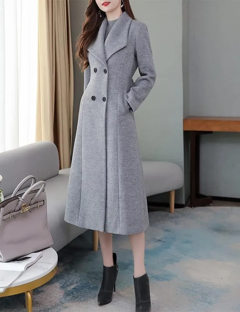 IDEALSANXUN Womens Shawl Collar Long Wool Coats Fall Winter Double Breasted Trench Coat