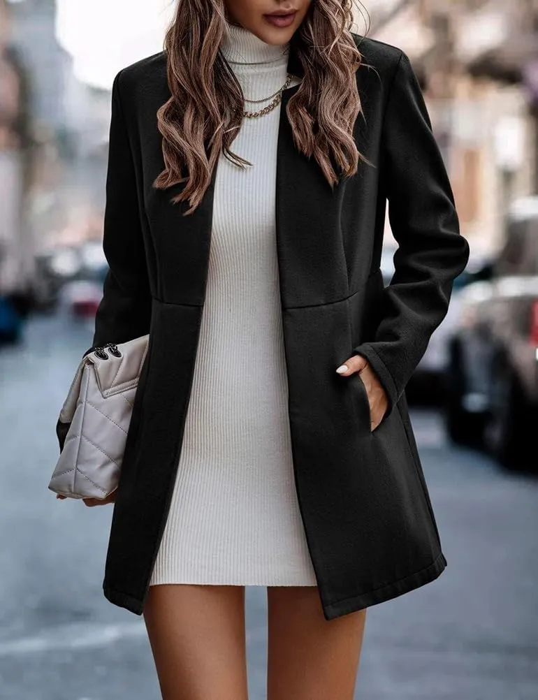 IDEALSANXUN Wool Blazer for Women Fall Winter Open Front Blazer Jackets Business Coats Dressy Peacoat Trench Coat