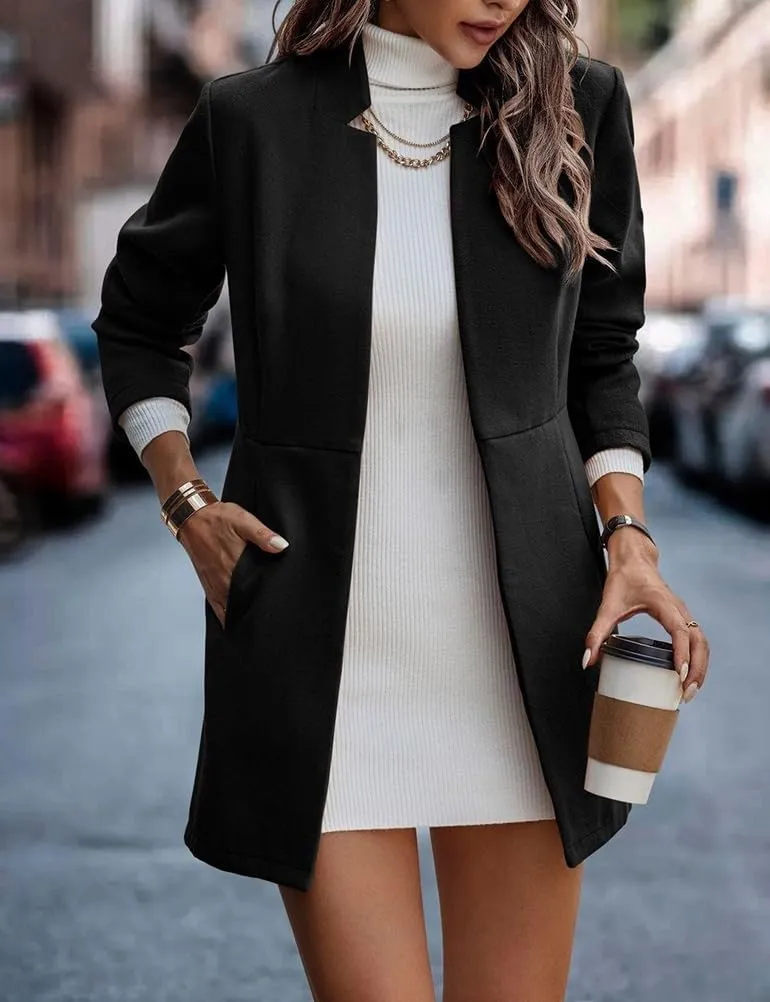 IDEALSANXUN Wool Blazer for Women Fall Winter Open Front Blazer Jackets Business Coats Dressy Peacoat Trench Coat