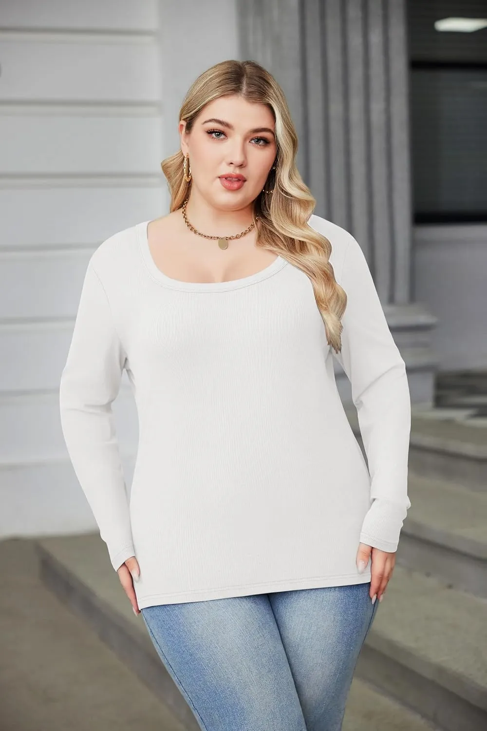 IN'VOLAND Plus Size Womens Long Sleeve Scoop Neck Ribbed Knit T-Shirt Fitted Casual Basic Tops