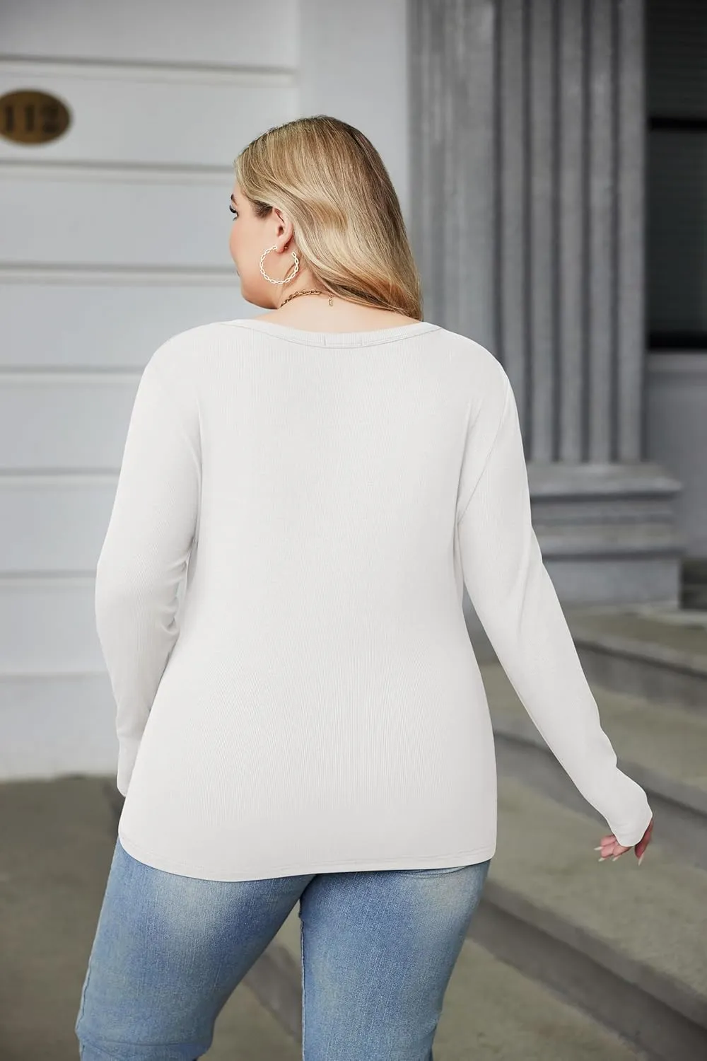 IN'VOLAND Plus Size Womens Long Sleeve Scoop Neck Ribbed Knit T-Shirt Fitted Casual Basic Tops