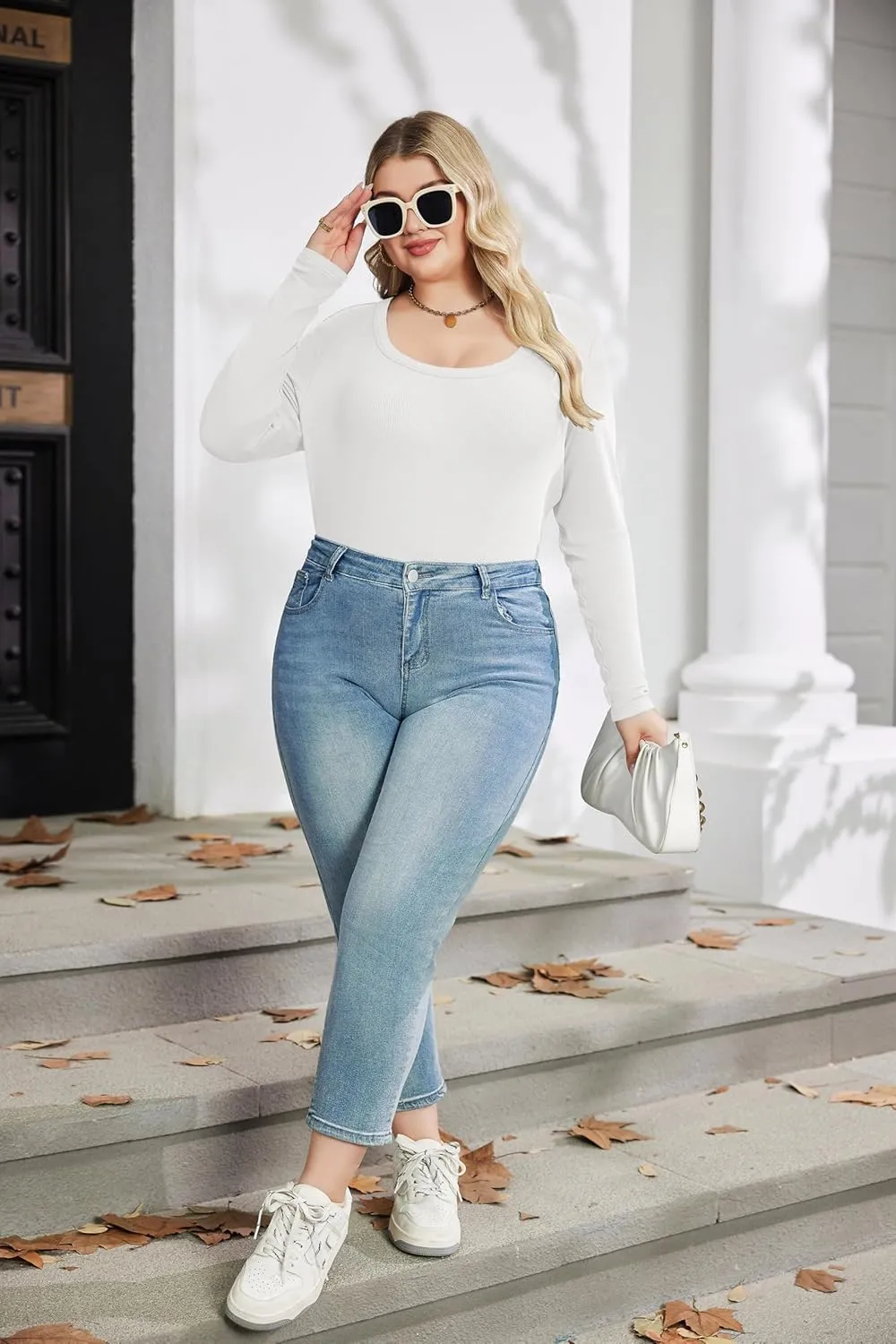 IN'VOLAND Plus Size Womens Long Sleeve Scoop Neck Ribbed Knit T-Shirt Fitted Casual Basic Tops
