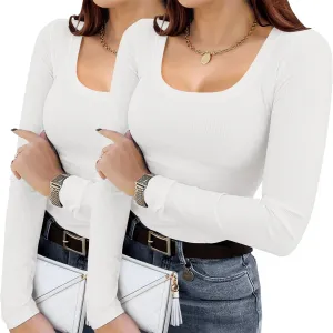 IN'VOLAND Plus Size Womens Long Sleeve Scoop Neck Ribbed Knit T-Shirt Fitted Casual Basic Tops