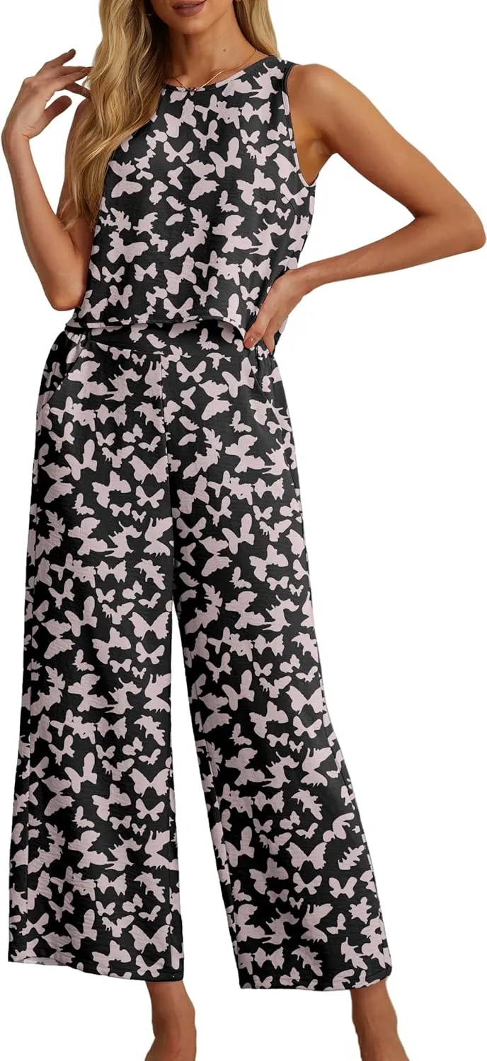 IWOLLENCE Women's Summer 2 Piece Outfits Set Round neck Sleeveless Tank Crop Top Wide Leg pants Set Pockets Jumpsuits