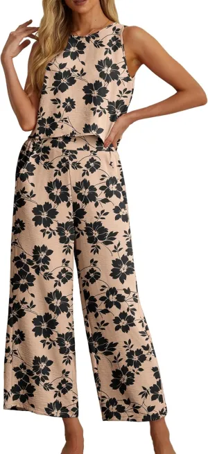IWOLLENCE Women's Summer 2 Piece Outfits Set Round neck Sleeveless Tank Crop Top Wide Leg pants Set Pockets Jumpsuits