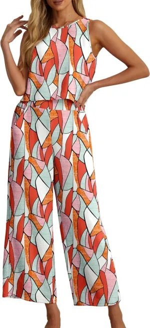 IWOLLENCE Women's Summer 2 Piece Outfits Set Round neck Sleeveless Tank Crop Top Wide Leg pants Set Pockets Jumpsuits