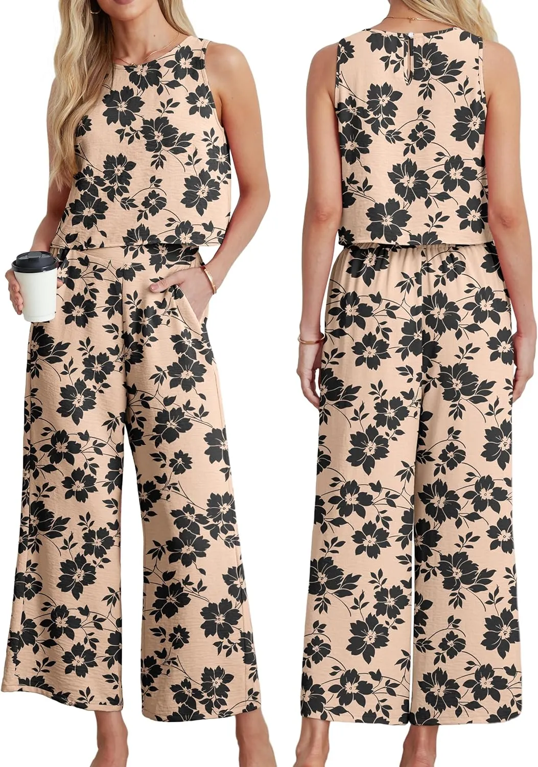 IWOLLENCE Women's Summer 2 Piece Outfits Set Round neck Sleeveless Tank Crop Top Wide Leg pants Set Pockets Jumpsuits