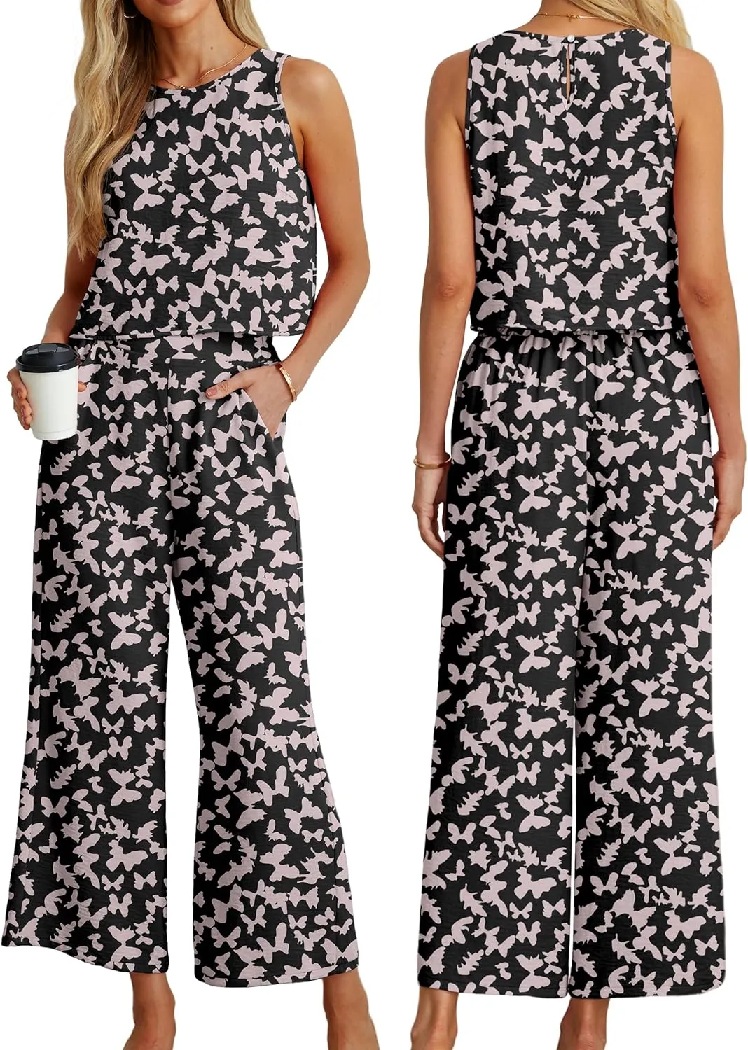 IWOLLENCE Women's Summer 2 Piece Outfits Set Round neck Sleeveless Tank Crop Top Wide Leg pants Set Pockets Jumpsuits