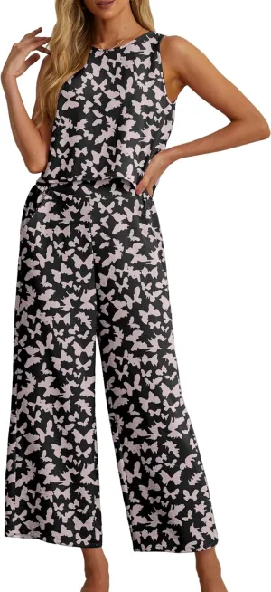 IWOLLENCE Women's Summer 2 Piece Outfits Set Round neck Sleeveless Tank Crop Top Wide Leg pants Set Pockets Jumpsuits