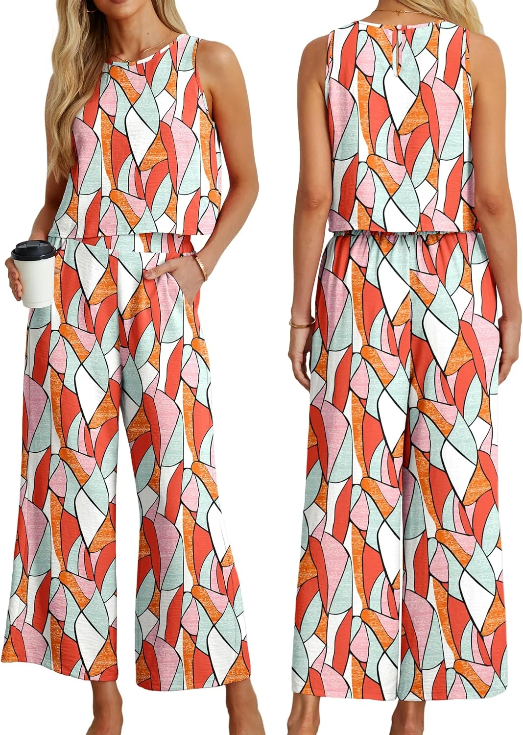 IWOLLENCE Women's Summer 2 Piece Outfits Set Round neck Sleeveless Tank Crop Top Wide Leg pants Set Pockets Jumpsuits