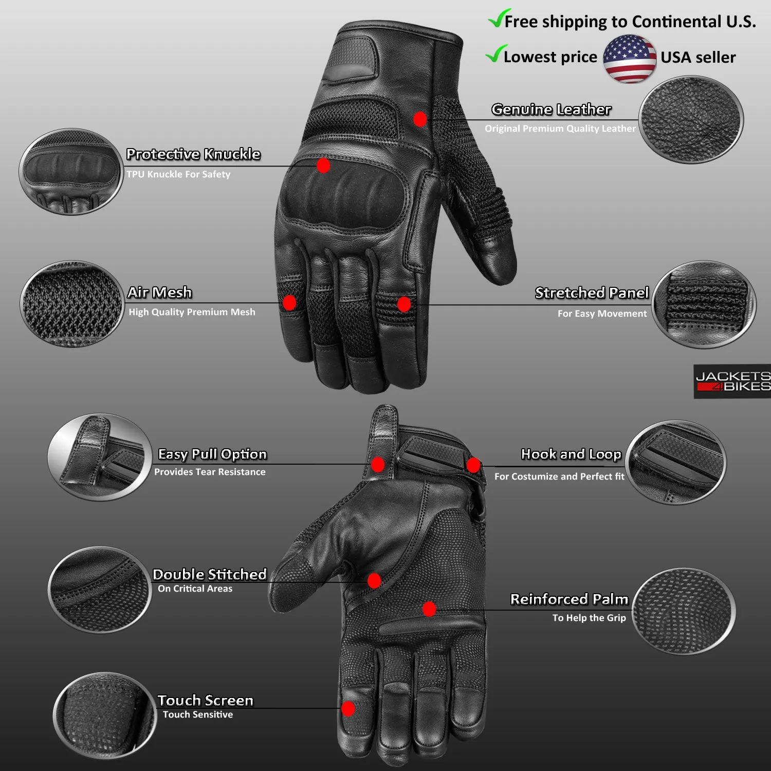 Jackets 4 Bikes Men's Motorcycle Tactical Premium Goat Leather & AirMesh Gloves Bikers