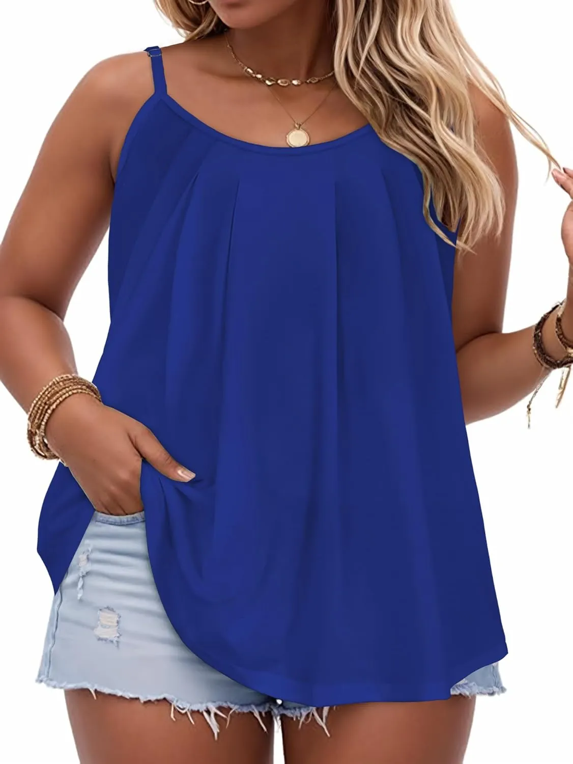 JOELLYUS Plus Size Tank Tops for Women Summer Casual Loose Pleated Spaghetti Strap Camisole Sleeveless Flowy Tunic Blouses