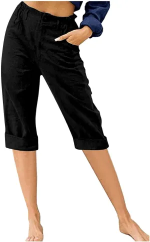 jovati Capri Pants for Women Casual 2023 Summer Drawstring Elastic High Waist Linen Pant Straight Wide Leg Cropped Trouser