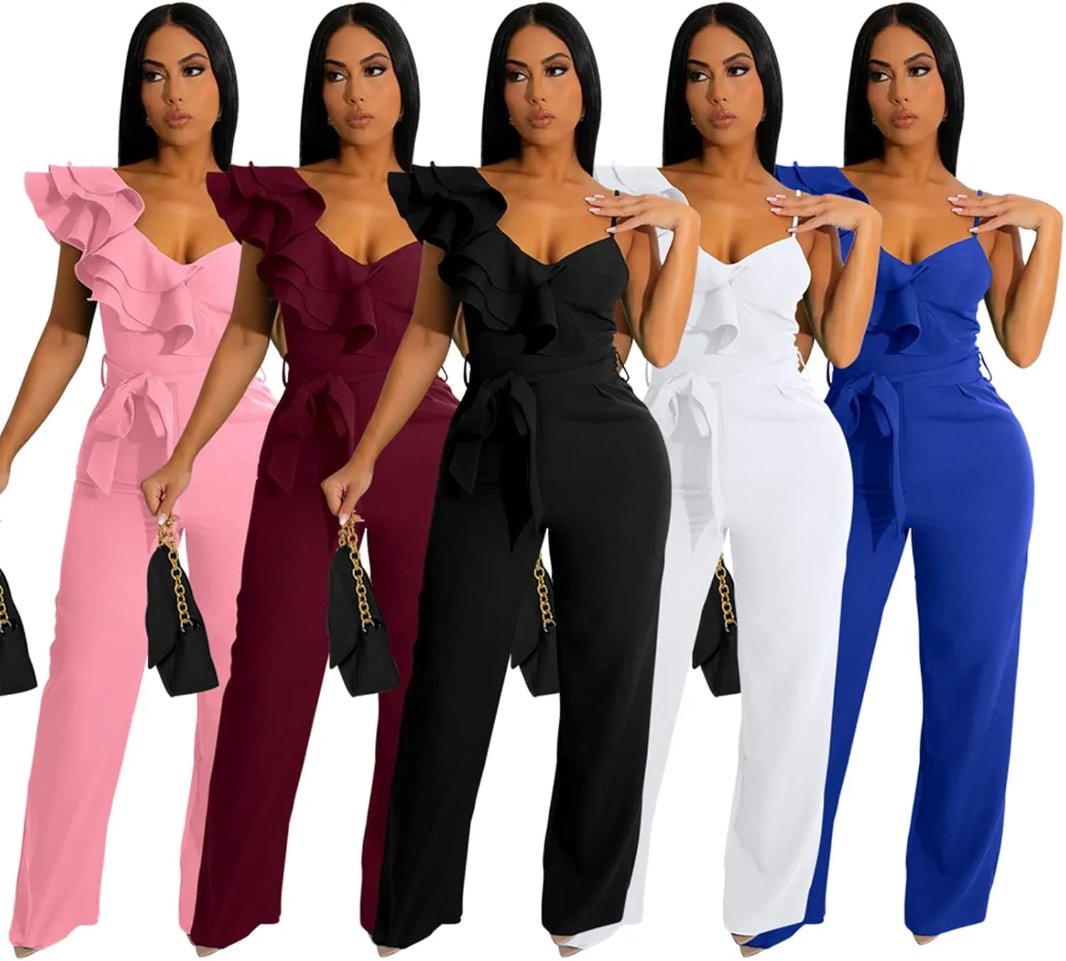 kaimimei Womens Casual Jumpsuits V-Neck Sleeveless Ruffle Backless Belted Wide Leg Pant Sexy Romper Party Clubwear