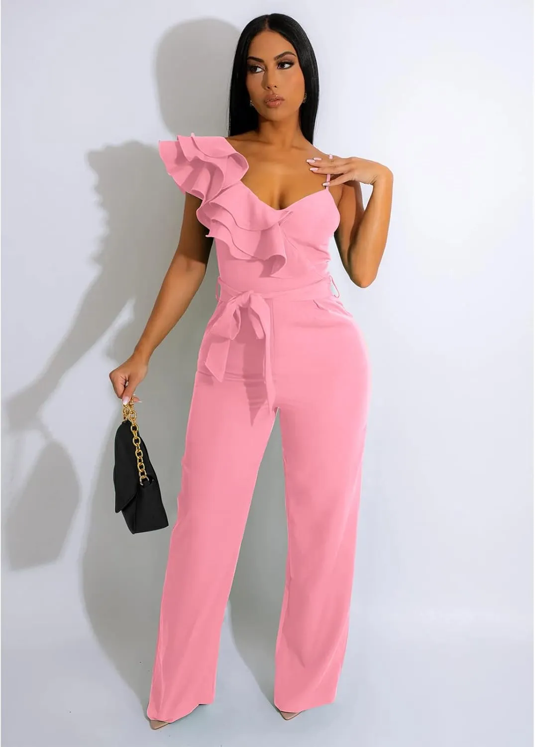 kaimimei Womens Casual Jumpsuits V-Neck Sleeveless Ruffle Backless Belted Wide Leg Pant Sexy Romper Party Clubwear