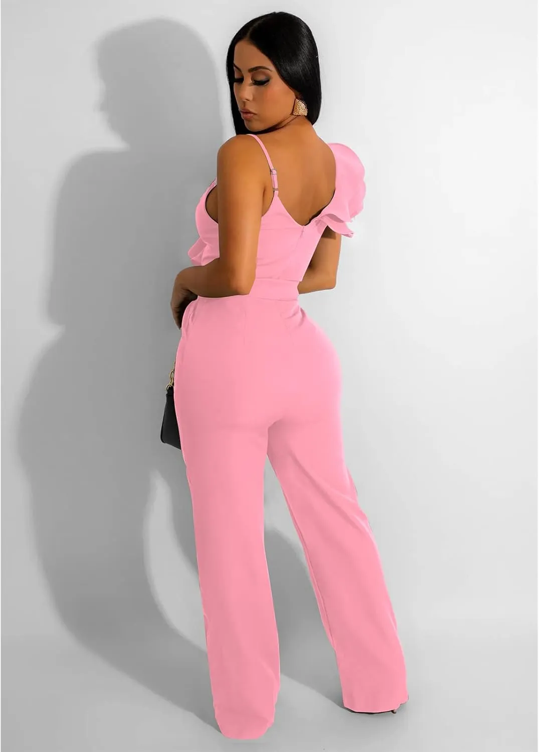 kaimimei Womens Casual Jumpsuits V-Neck Sleeveless Ruffle Backless Belted Wide Leg Pant Sexy Romper Party Clubwear