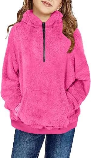 Kids Girls Fleece Hoodies Quarter Zip Pullover Sweatshirt Fuzzy Sherpa Hoodie Toddler Boys Warm Clothes Fluffy Sweater