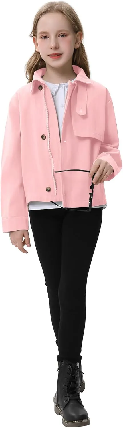 Kids Girls Outwear Jacket Hooded Lightweight Button Down Trench Coat Waterproof Active Windbreaker
