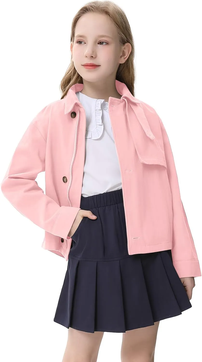 Kids Girls Outwear Jacket Hooded Lightweight Button Down Trench Coat Waterproof Active Windbreaker