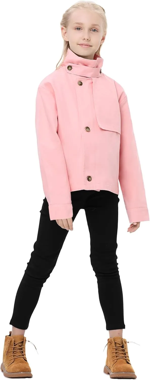 Kids Girls Outwear Jacket Hooded Lightweight Button Down Trench Coat Waterproof Active Windbreaker