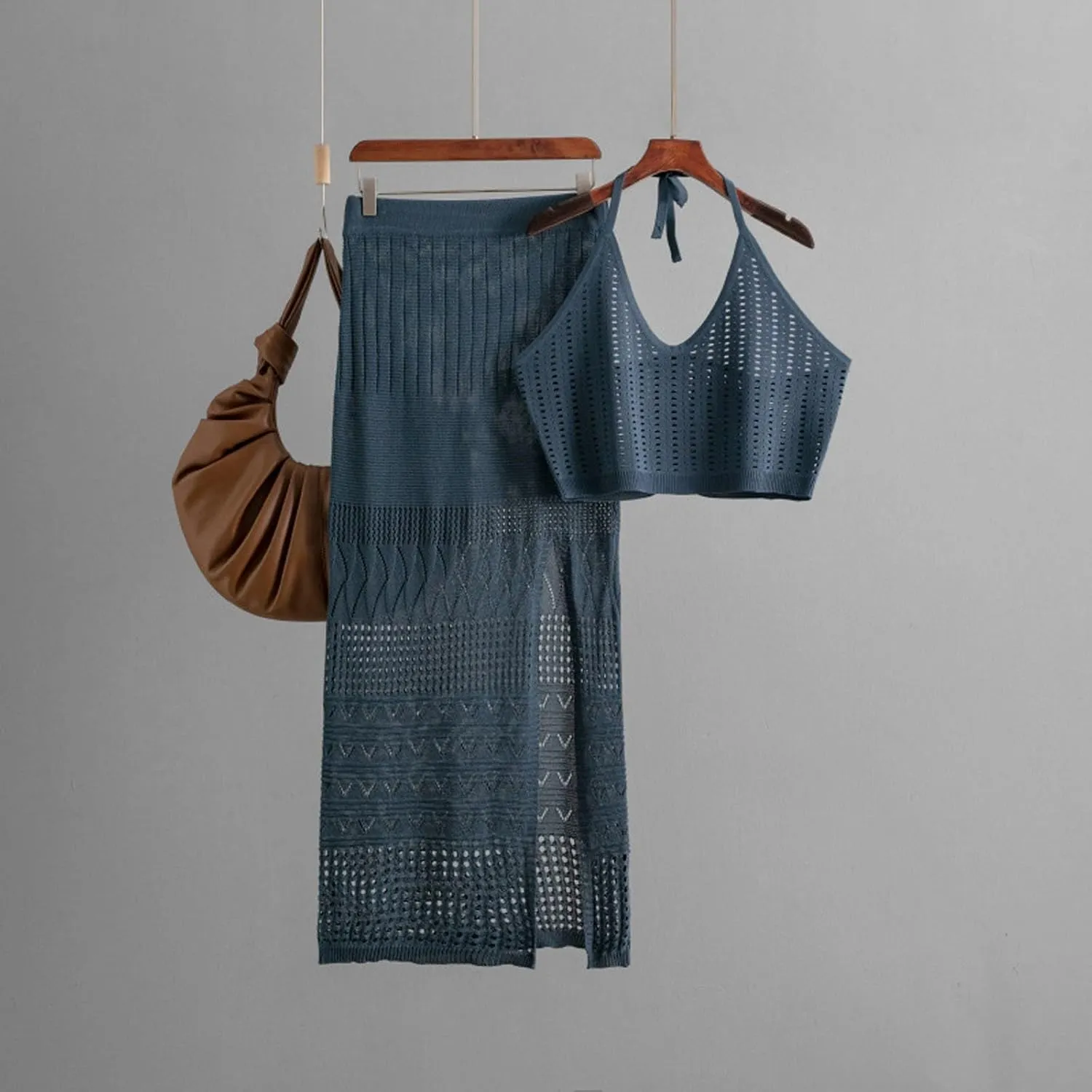 Knit Eyelet Tank Tops Y2k Maxi Skirts 2 Piece Set For Women Sexy Hollow Out V Neck Summer Beach Travel Wear Outfits