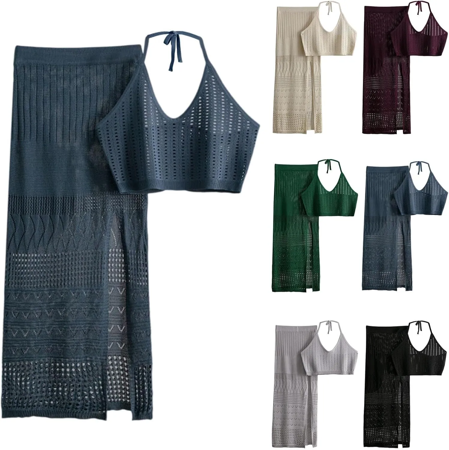 Knit Eyelet Tank Tops Y2k Maxi Skirts 2 Piece Set For Women Sexy Hollow Out V Neck Summer Beach Travel Wear Outfits
