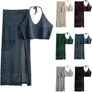 Knit Eyelet Tank Tops Y2k Maxi Skirts 2 Piece Set For Women Sexy Hollow Out V Neck Summer Beach Travel Wear Outfits
