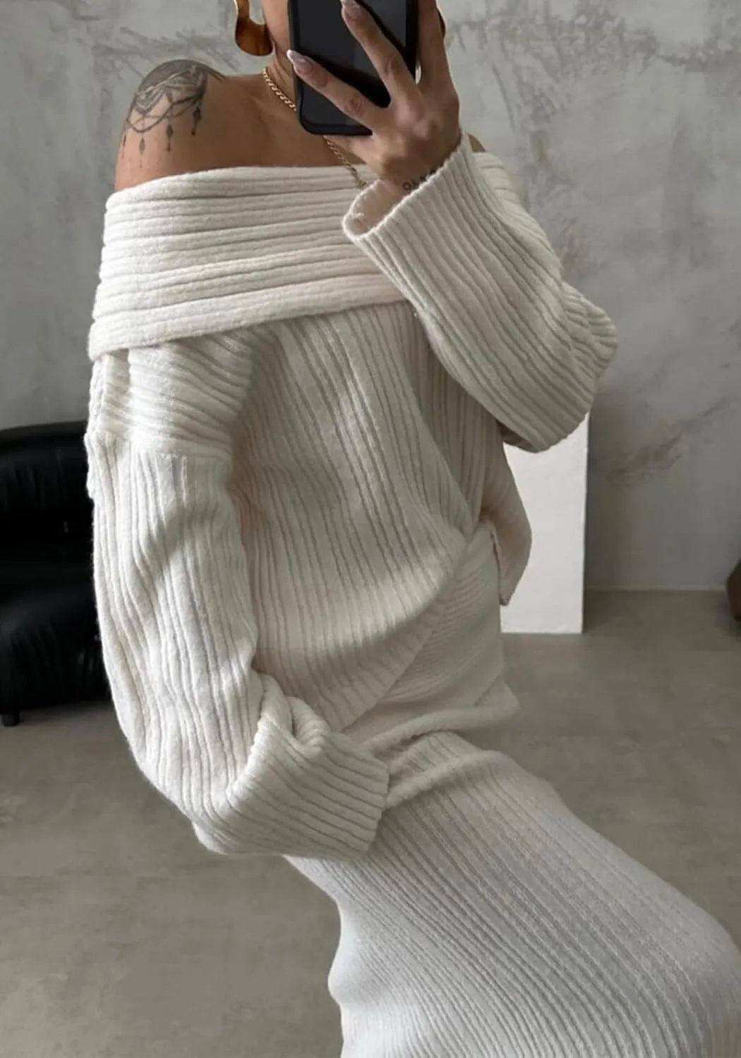 Knit Skirt Sets for Women 2 Piece Outfits Sweater Off Shoulder Knitted Top & Maxi Skirts Fall Elegant Sweater Sets