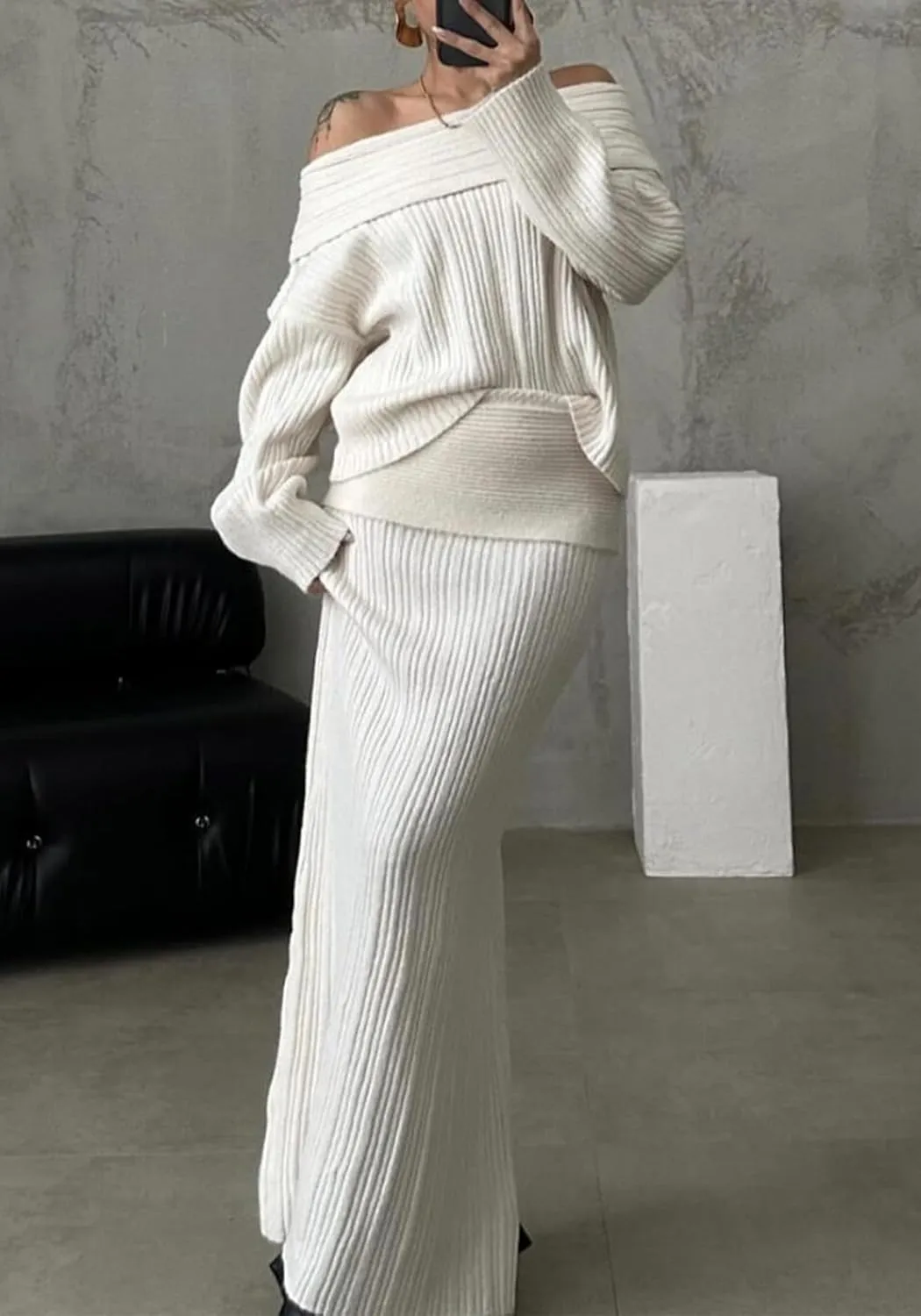 Knit Skirt Sets for Women 2 Piece Outfits Sweater Off Shoulder Knitted Top & Maxi Skirts Fall Elegant Sweater Sets