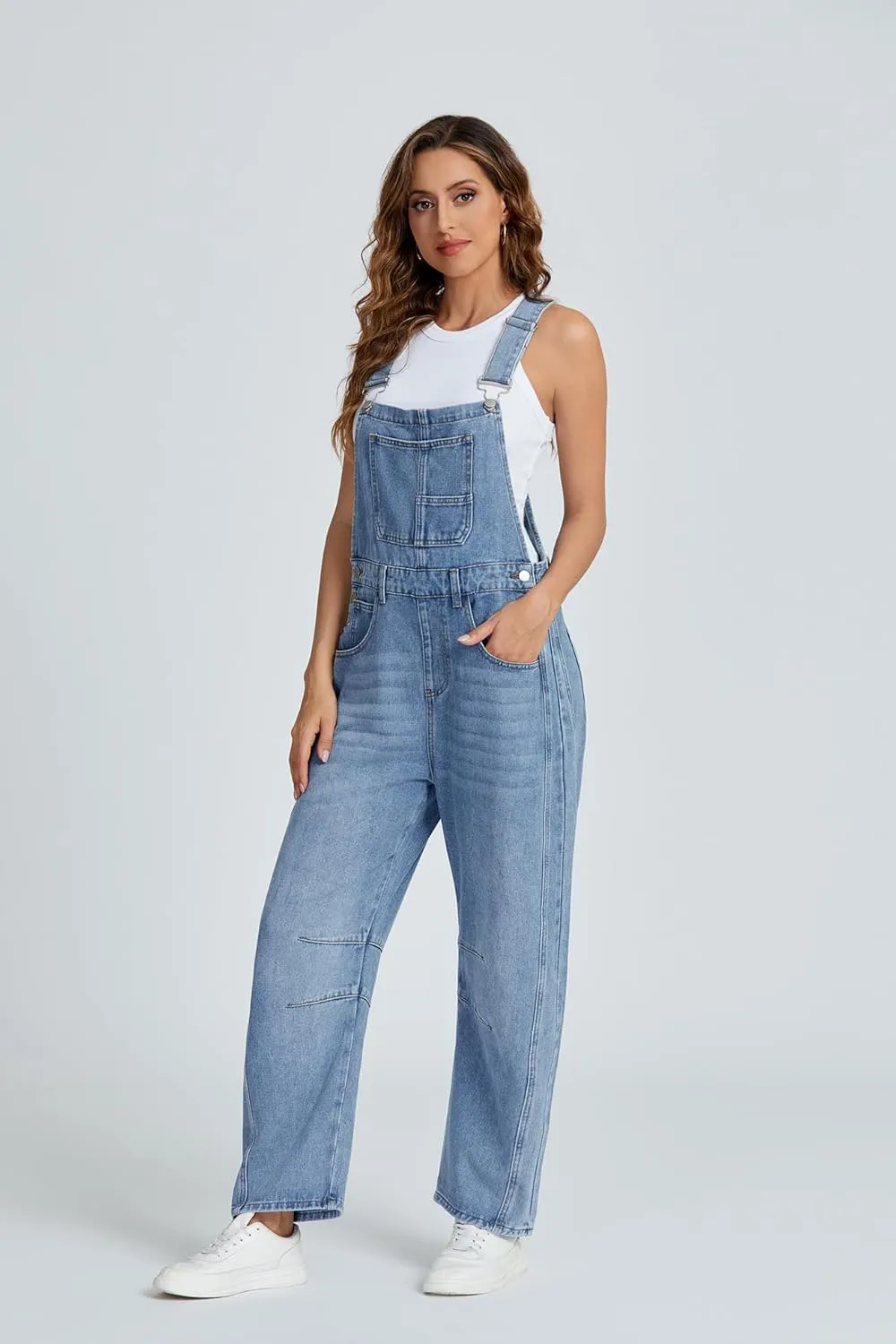Ladyful Women's Denim Overall Casual Straight Wide Leg Bib Jeans Overall Adjustable Straps Denim Romper Stretch Jumpsuits