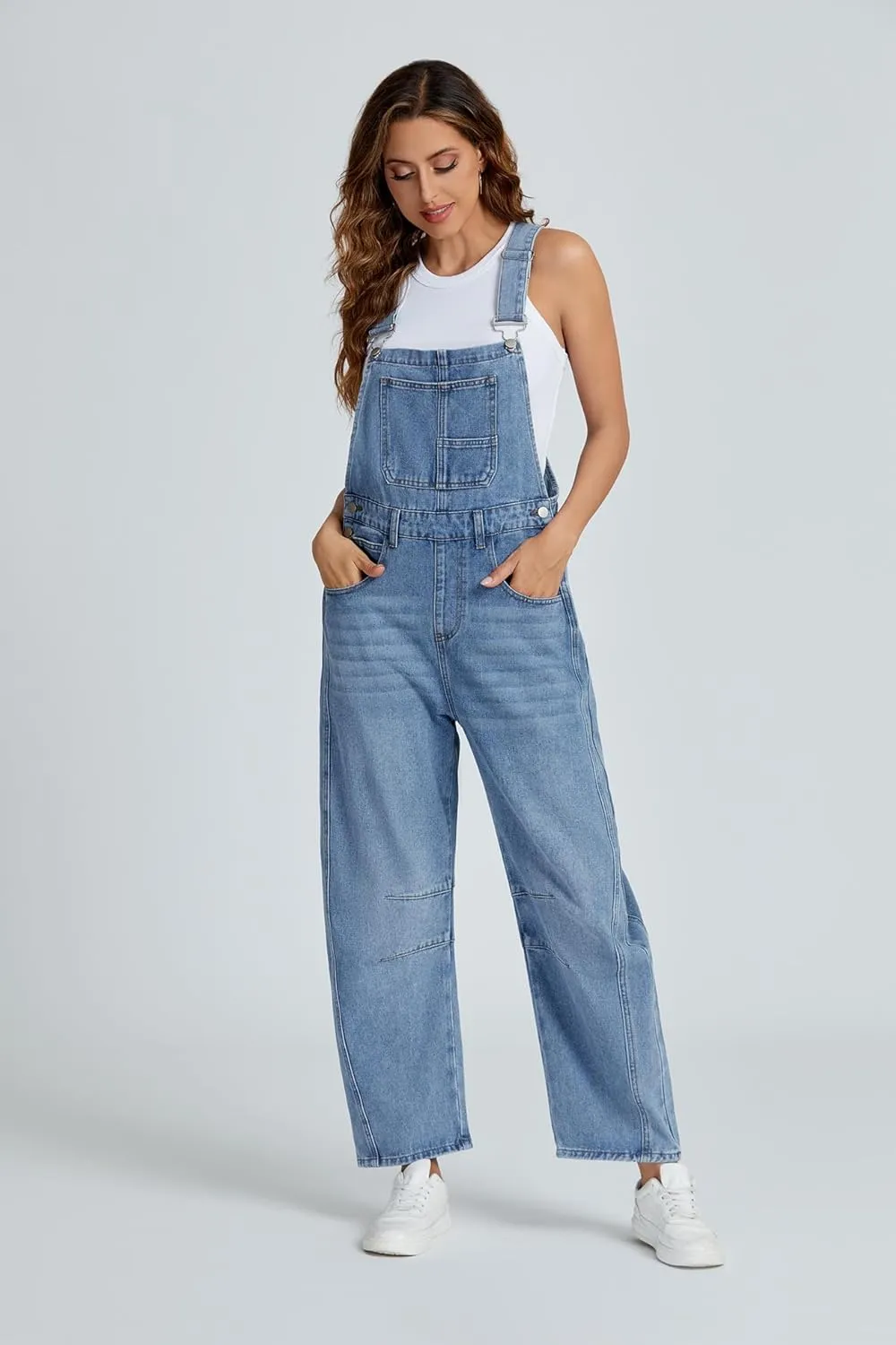 Ladyful Women's Denim Overall Casual Straight Wide Leg Bib Jeans Overall Adjustable Straps Denim Romper Stretch Jumpsuits