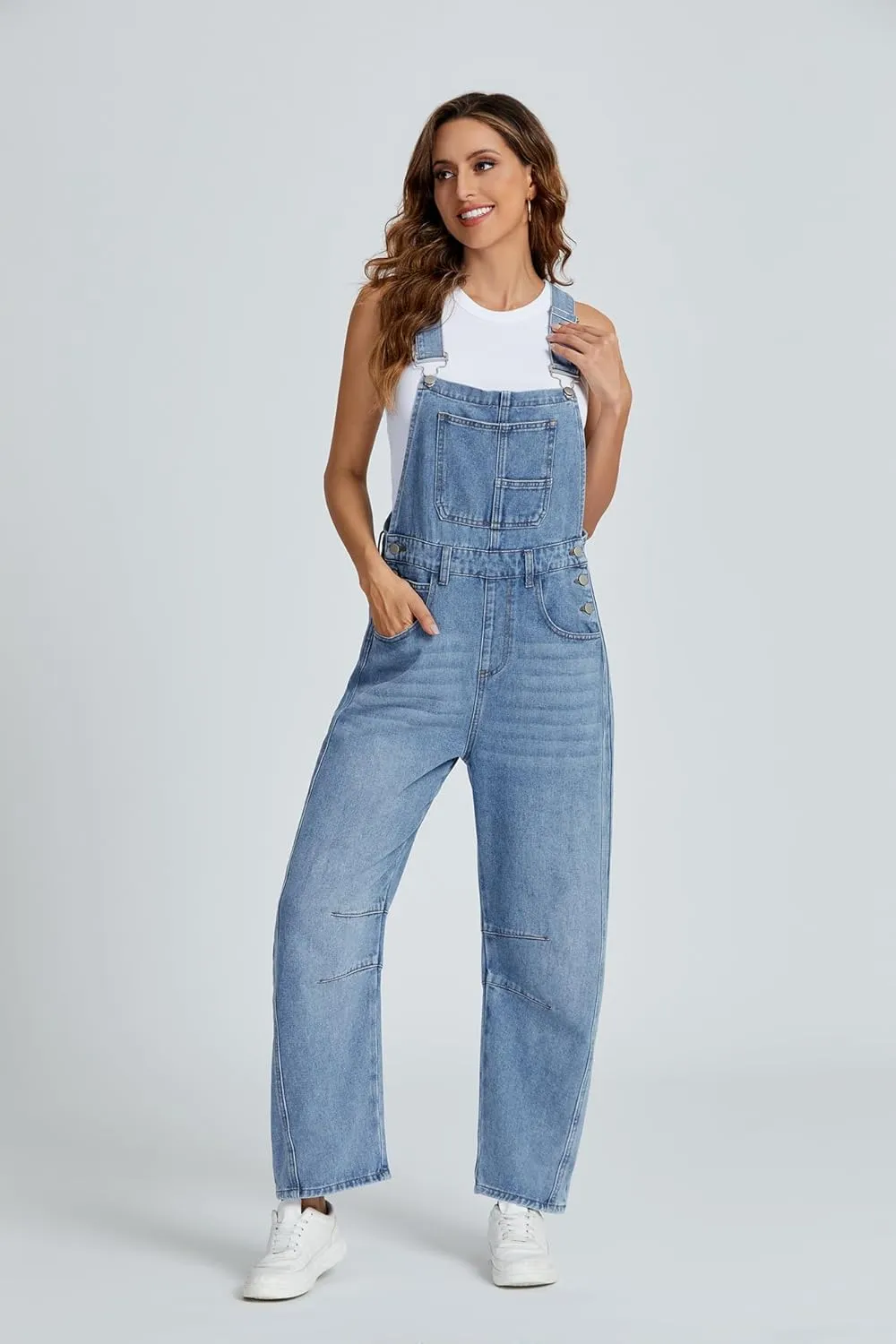 Ladyful Women's Denim Overall Casual Straight Wide Leg Bib Jeans Overall Adjustable Straps Denim Romper Stretch Jumpsuits