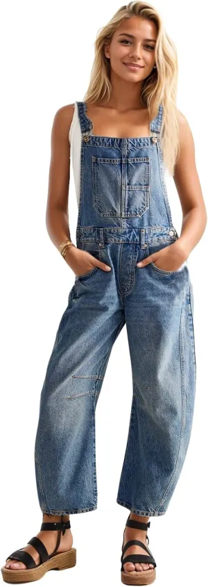 Ladyful Women's Denim Overall Casual Straight Wide Leg Bib Jeans Overall Adjustable Straps Denim Romper Stretch Jumpsuits