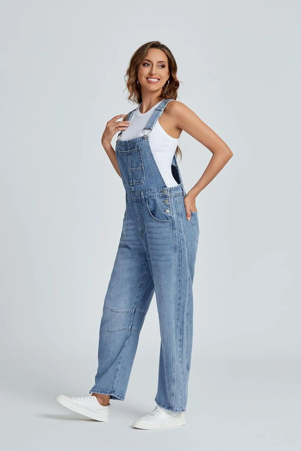 Ladyful Women's Denim Overall Casual Straight Wide Leg Bib Jeans Overall Adjustable Straps Denim Romper Stretch Jumpsuits