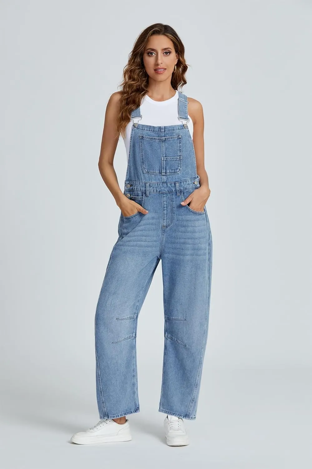 Ladyful Women's Denim Overall Casual Straight Wide Leg Bib Jeans Overall Adjustable Straps Denim Romper Stretch Jumpsuits