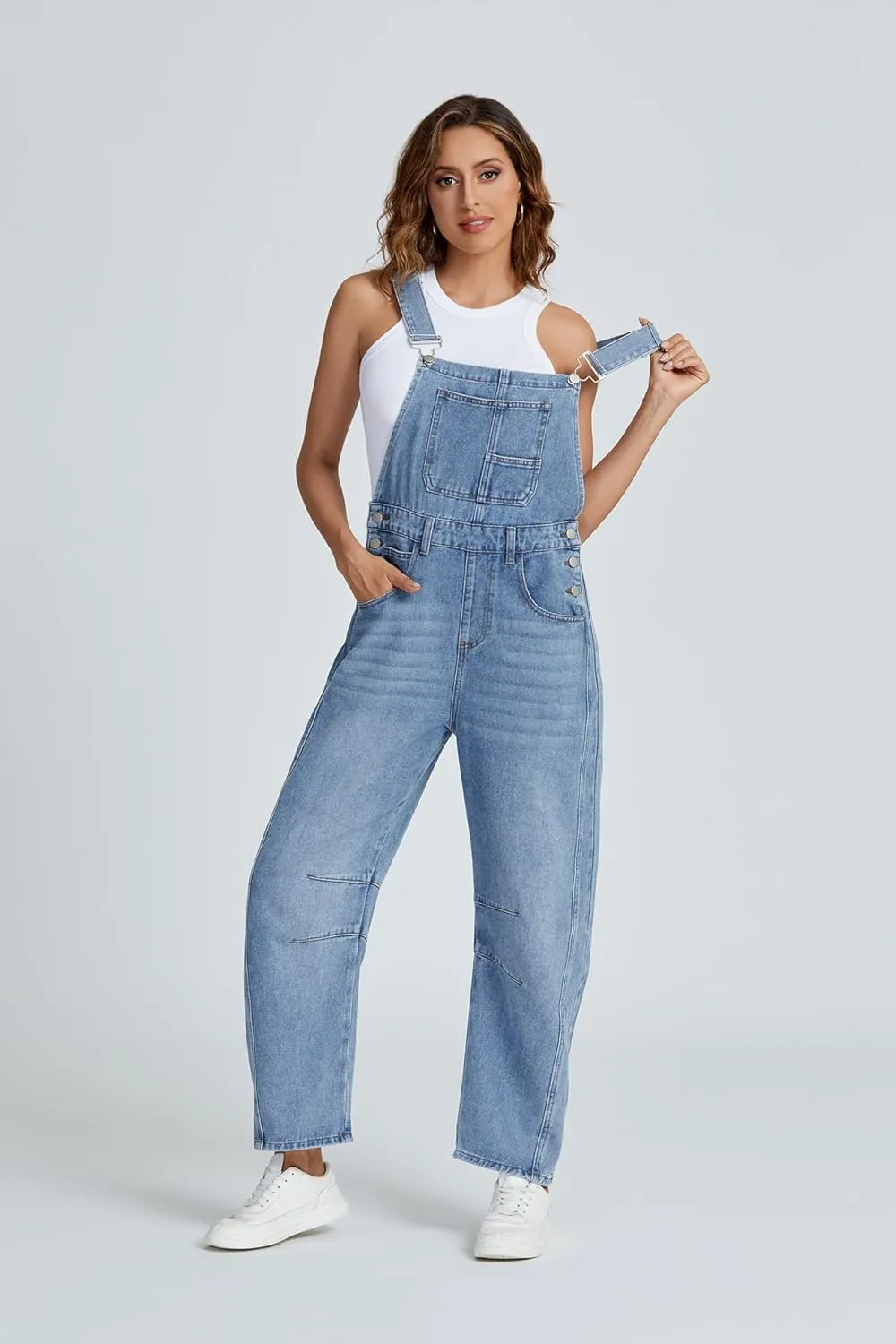 Ladyful Women's Denim Overall Casual Straight Wide Leg Bib Jeans Overall Adjustable Straps Denim Romper Stretch Jumpsuits
